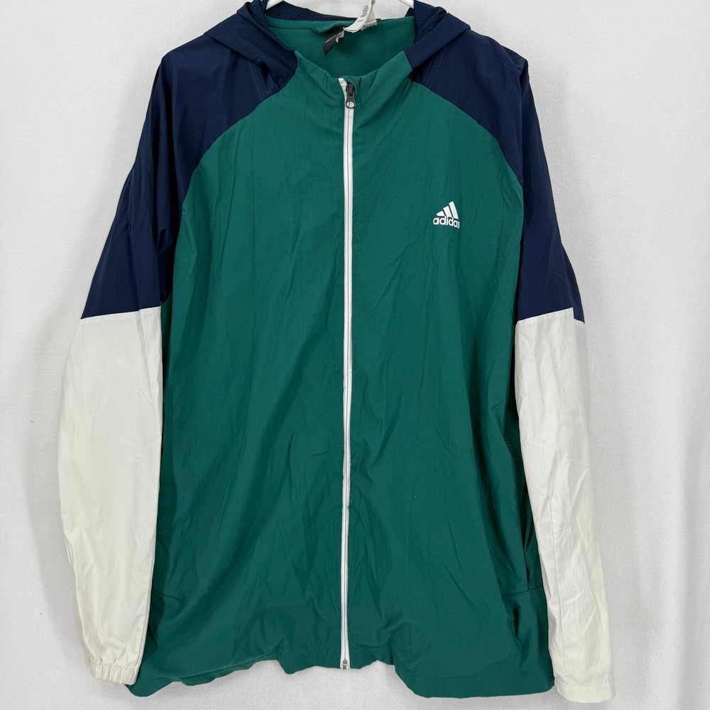 Adidas Mens 2XL Colorblock Windbreaker Jacket Green Navy White Hooded‎ Nylon